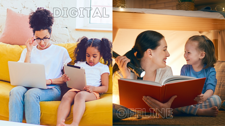 There are two sides on this photo. The word DIGITAL is written on the left hand side, and the word OFFLINE is written on the right hand side. On the left side is a mother and daughter seated on a sofa. The mother is working with her laptop on her lap while the daughter is looking at her iPad. On the right side is a mother and daughter, both smiling while reading a book right before bedtime.